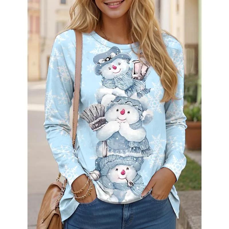 Fashion Women's Crew Neck Long Sleeve 3D Casual Color Printing Casual Long Sleeve Crew Neck T-Shirt