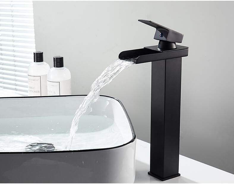 Bathroom Black Lavatory Waterfall Faucet hot and cold Crane Brass Sink Mixer  Waterfall Sink Faucet Single Handle Decked