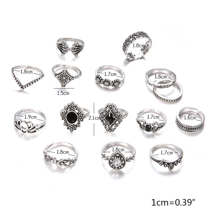 15Pcs Vintage Silver Joint Knot Rings Set Women Bohemian Stackable Joint Finger Rings Retro Stone Crystal Stacking Rings