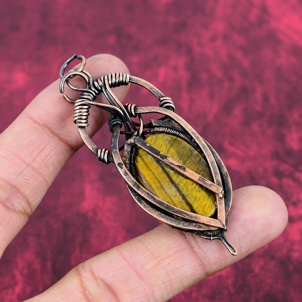 Tiger's Eye Pendant Copper Wire Wrapped Pendant Handmade Pendant Tiger's Eye Jewelry Real Gemstone Pendant Copper Wire Jewelry Gifts For Him