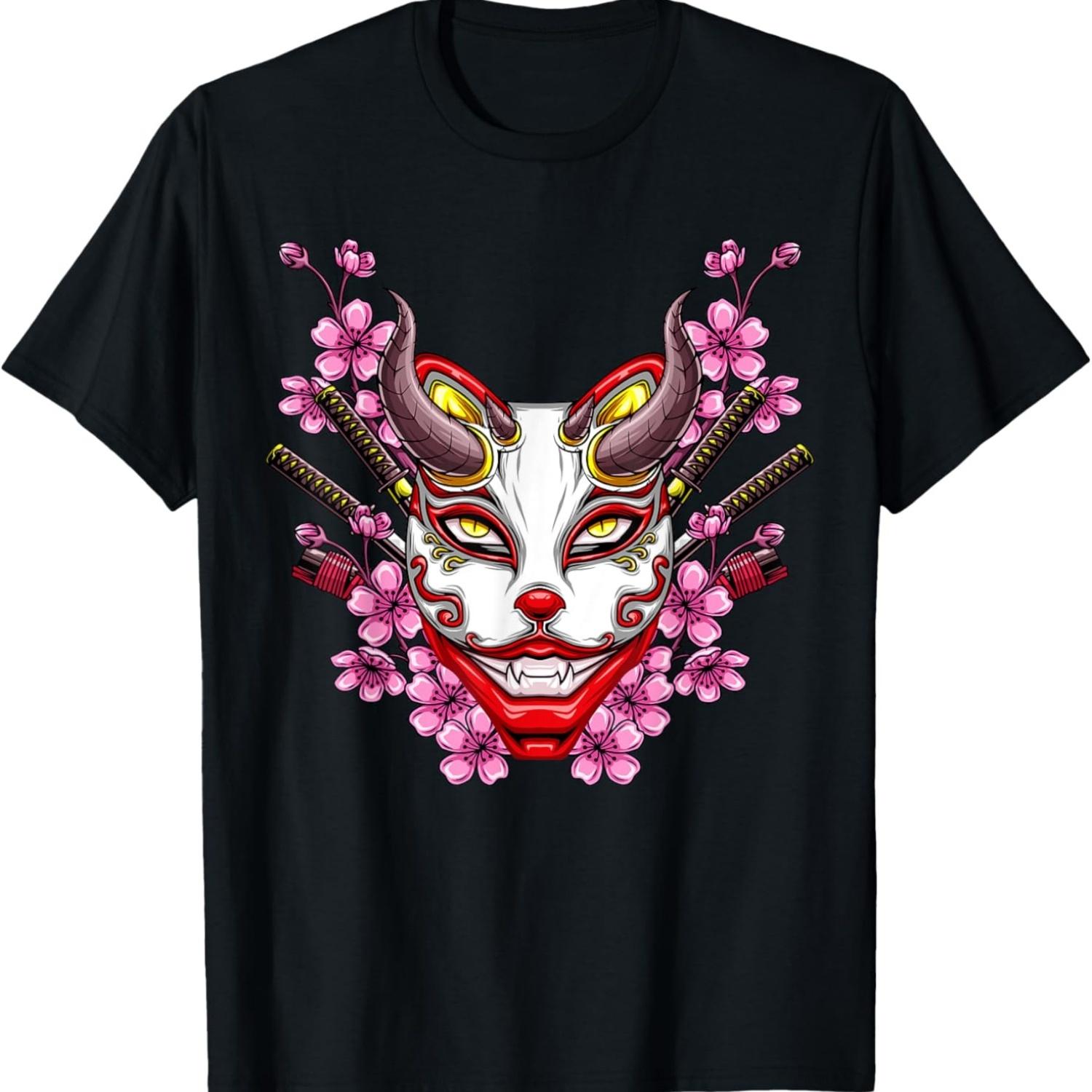 Oni Demon Kitsune Mask Sakura Cherry Blossom Flower Katana T-Shirt S