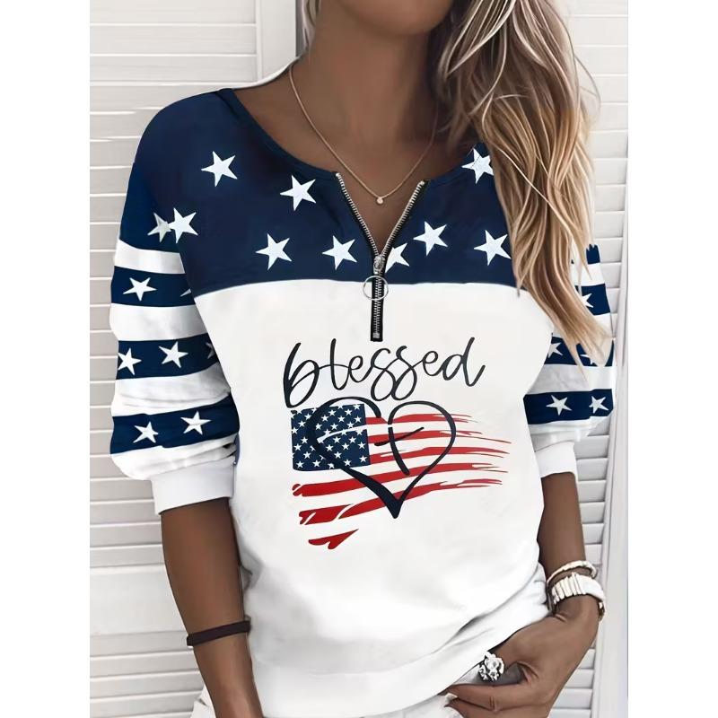 Ladies' 3D Printed V-neck Zipper T-shirt with Glossy Long Sleeved Top and Half Zipper Long Sleeved T-shirt