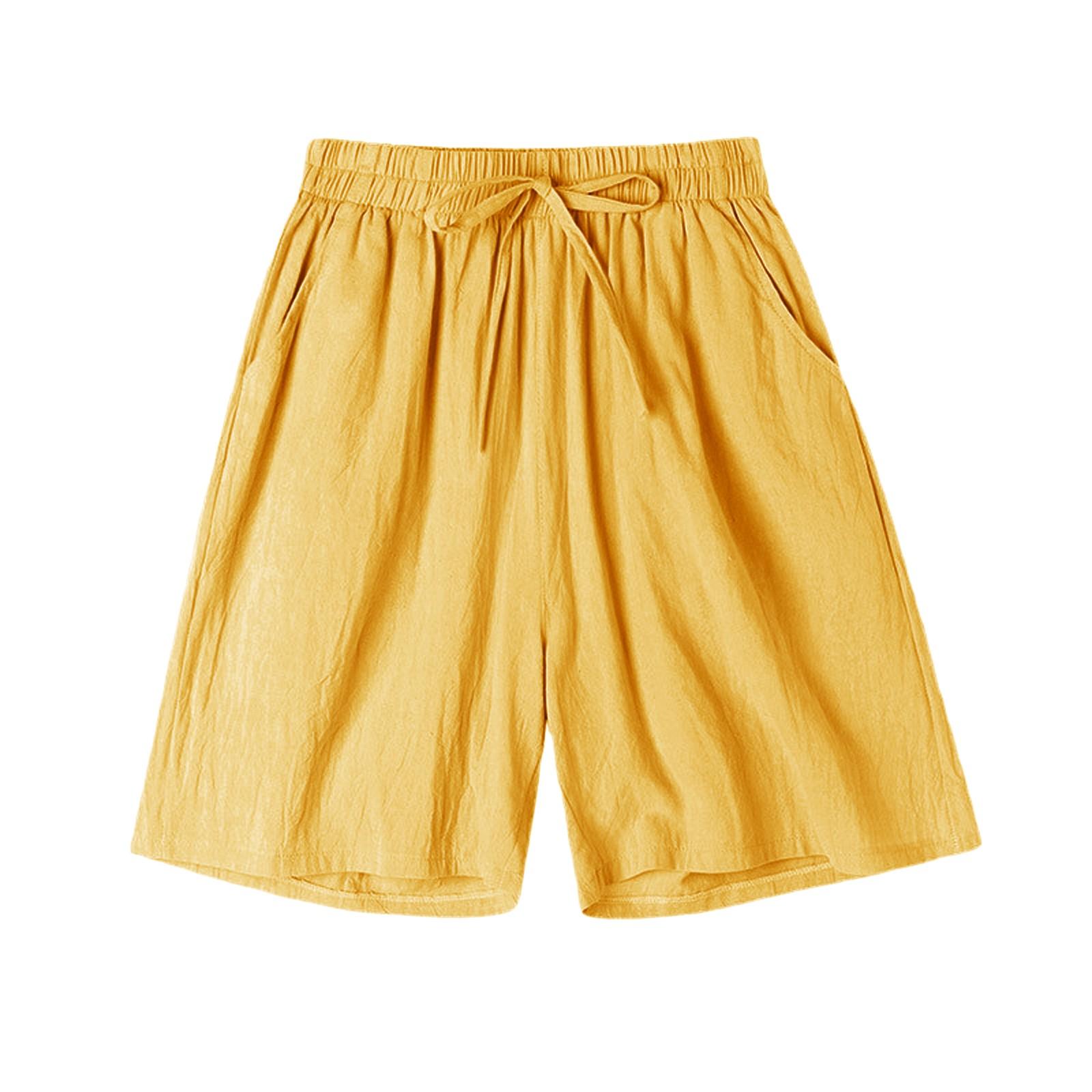 

Летние хлопковые льняные женские шорты, повседневные, с высокой талией, свободные шорты для девочек, мягкие, классные, женские шорты, дышащая, мягкая, домашняя одежда M жёлтый