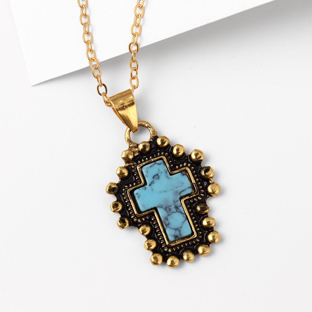 Retro Distressed Bohemian Style Cross Trend Turquoise Pendant Necklace