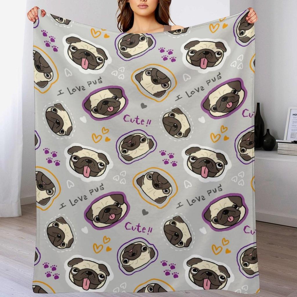 Pug Blanket Cute Pet Puppy Dog Fleece Throw Blanket Soft Lightweight Cozy Plush Flannel Blanket for Sofa Couch Bed Living Room