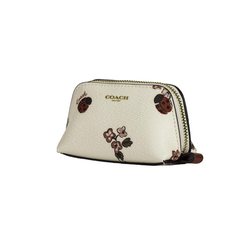 Coach Madi Metal Logo Floral Print Leather Cosmetic Bag Women's Chalk White