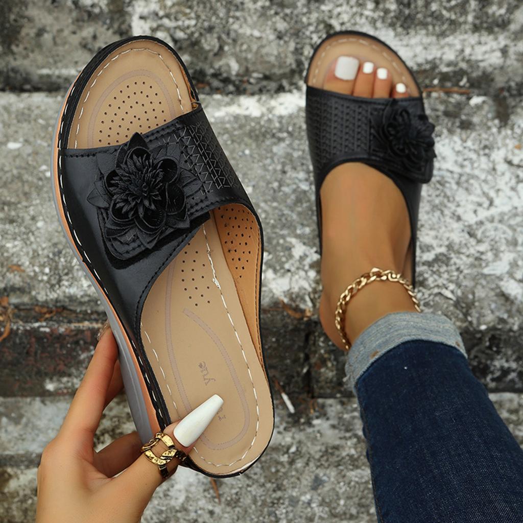 Womens Low Heel Sandals Size 8 Ladies Fashion Solid Color Cutout Leather Flower Open Toe Wedge Platform Sandals For Woman