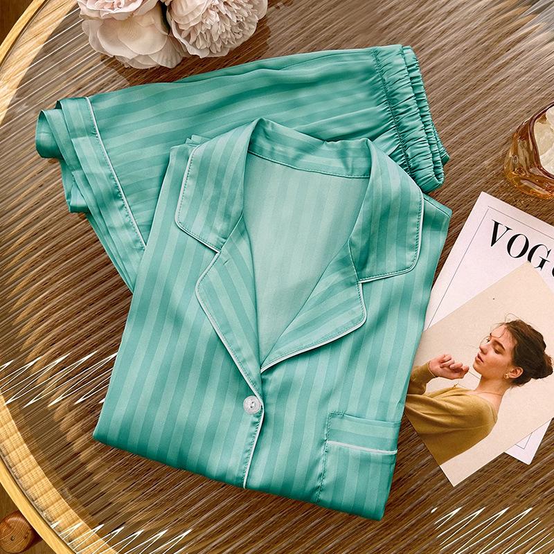 Summer Fresh Striped Pajamas Women S Short-Sleeved Shorts Cardigan Thin Ice Silk Loungewear Premium Suit M