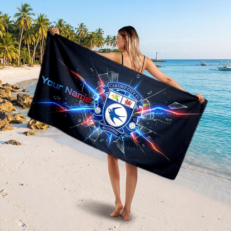Cardiff City Custom Beach Towel, Personalized Name Text Print, Football Logo Soft Quick‑Dry Towel Holiday Gift