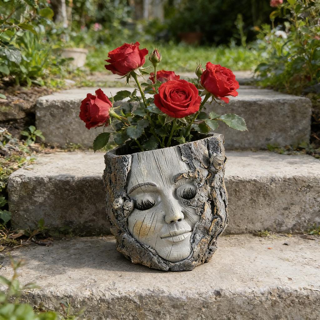 

Rustic Tree Bark Face Planter - Serene Female Head Resin Vase for Succulents, Cottagecore Garden Decor for Patio, Desk & Outd Medium