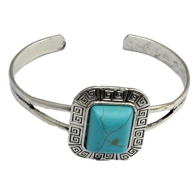 Exquisite Geometric Retro Turquoise Gemstone Open Cuff Bracelet