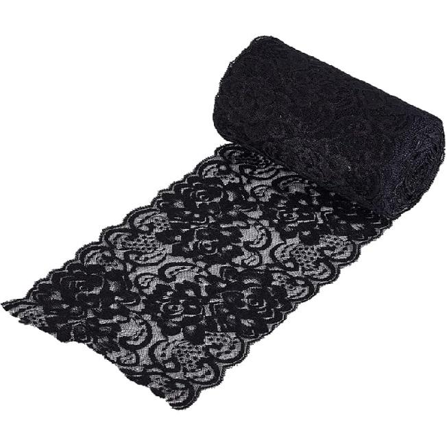 AHANDMAKER 10 Yards Black Lace Trim Ribbon, 6 Inch Wide Delicate Vintage Lace Ribbon with Floral Pattern for DIY Craft Sewing Bridal Wedding Dress