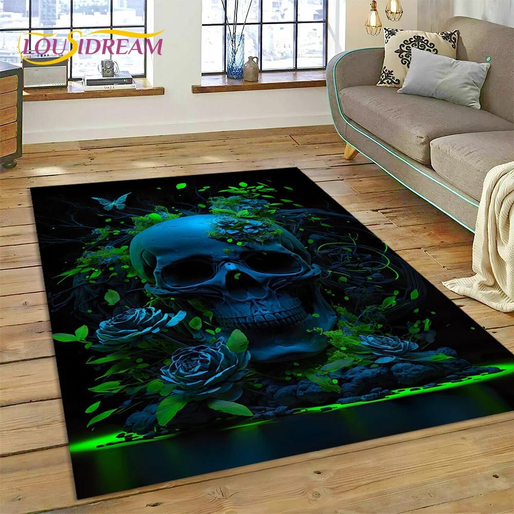 Cartoon Horrible Gothic Skull Flowers Carpet Rug for Home Living Room Bedroom Sofa Doormat Decor,Kid Area Rug Non-slip Floor Mat