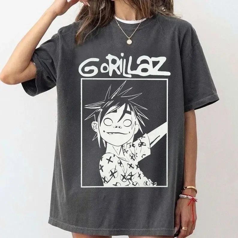 Gorillaz 2-D Band Virtuale Ritratto Grafico Vintage Lavaggio Acido Oversize Streetwear Hip Hop Fan Merch T-Shirt Top per Fan dei Gorillaz Amante della Musica