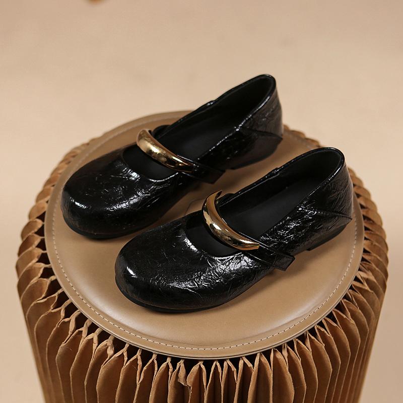 Fashion New Round Toe Solid Patent Leather Mary Jane Shoes Women's Summer Real Leather Metal Decorative Ballet Shoes Flat Single Shoes