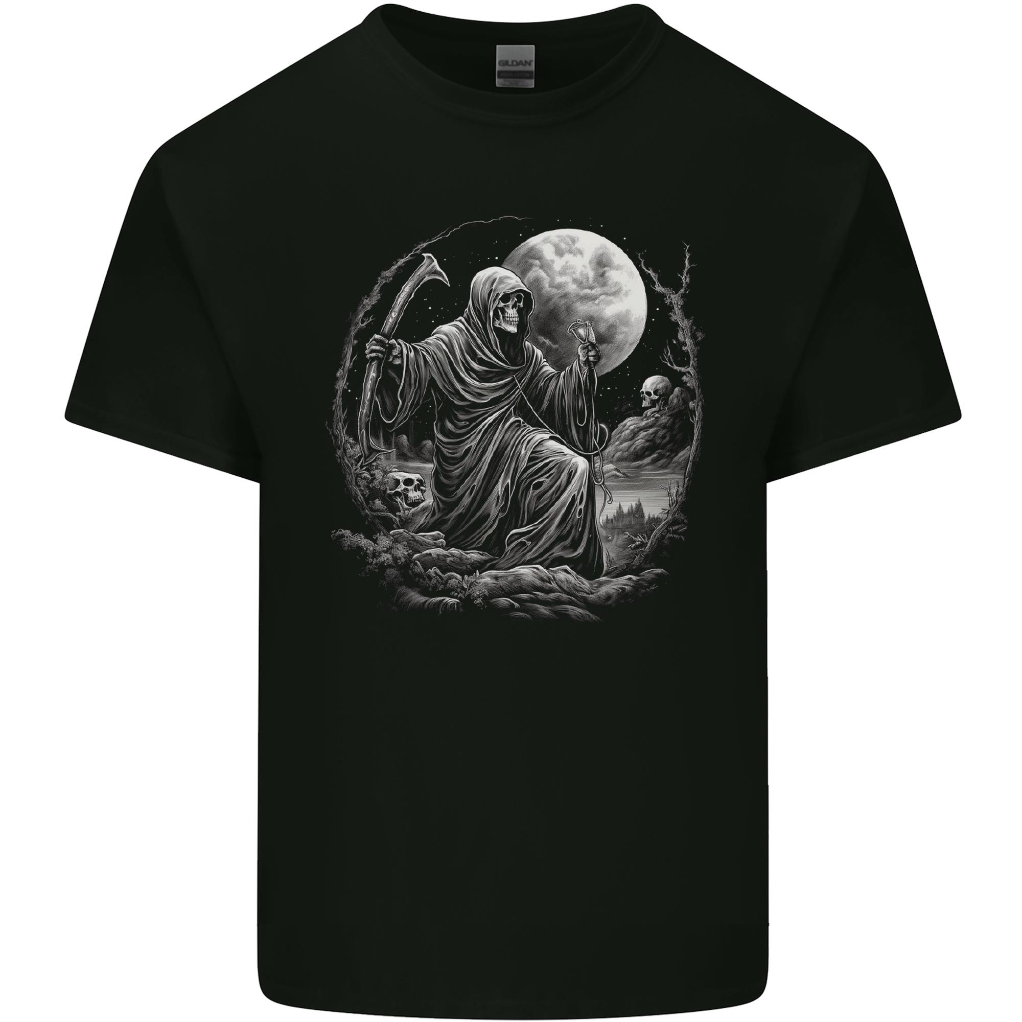 Grim Reaper With a Full Moon and Skulls Unisexs Light Cotton TShirt S