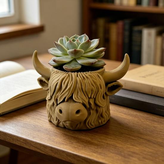 Highland Cow Planter 3D Printed Cute Animal Flower Pot Mini Cow Plant Container for Indoor Outdoor Desk Patio Garden Decor