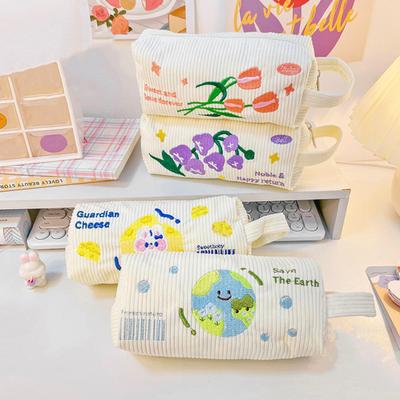 Earth Embroidered Pencil Case with Handle Large Capacity Students Pen Storage Bag School Supplies Pen Box Pencil Bag Office Stationery Supplies