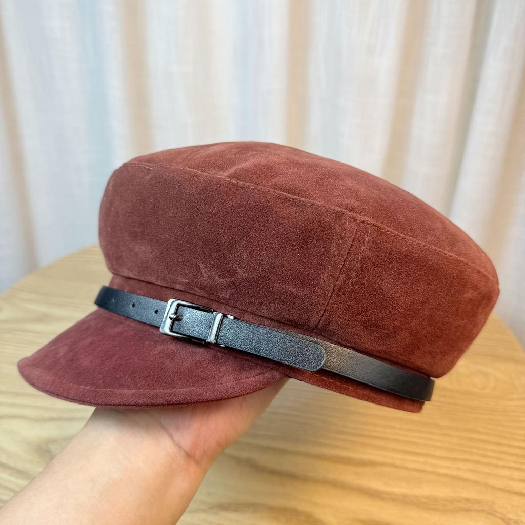 Angora Rot Wildleder Schiebermütze Damen Herbst und Winter Britische Literarische Baskenmütze mit Kleiner Temperament Malermütze