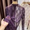 Purple Elegant Hollow Lace High Neck Women's Autumn T-Shirt with Ruffled Edges