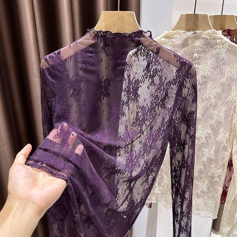 

Purple Elegant Hollow Lace High Neck Women s Autumn T-Shirt with Ruffled Edges One Size червоний