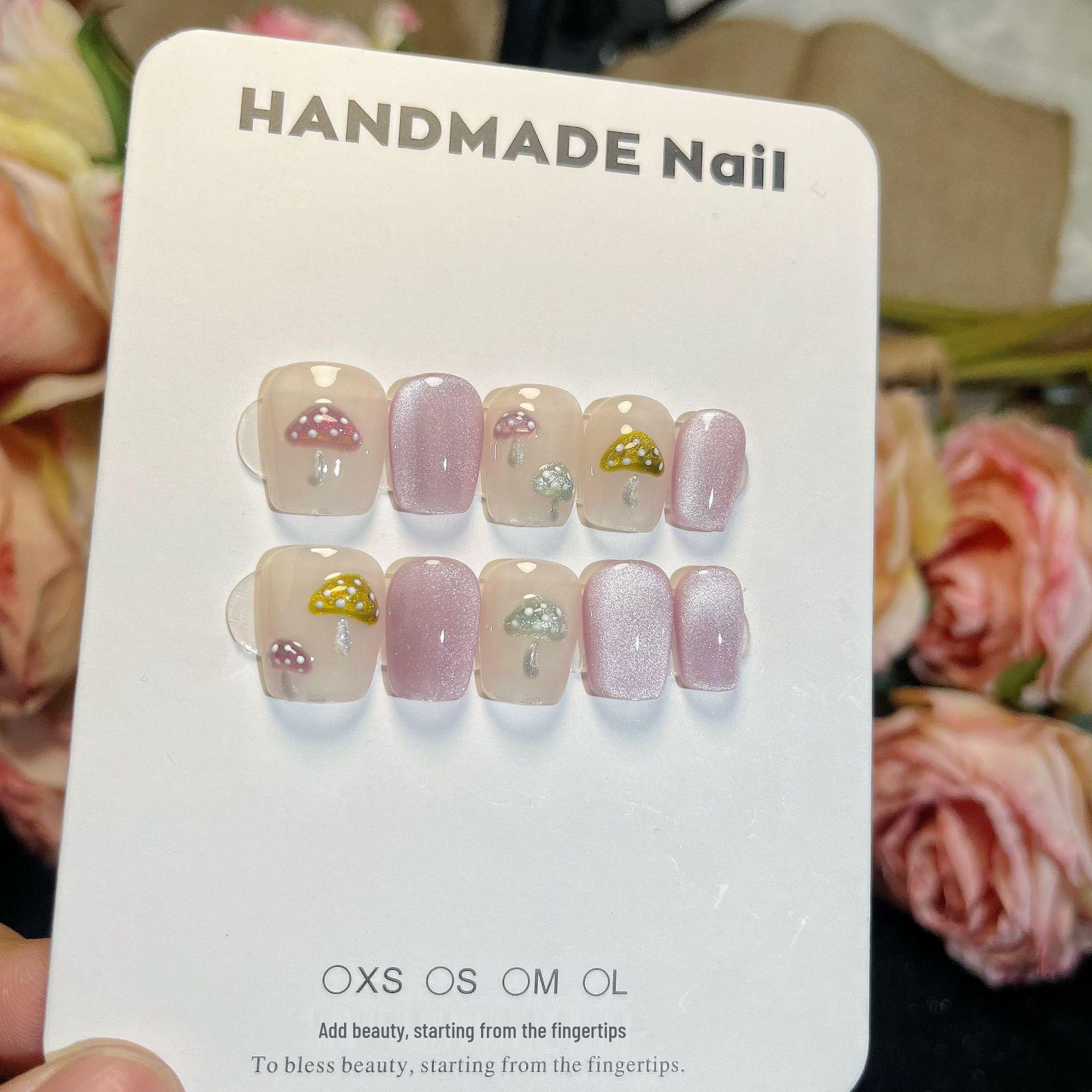 

Милые грибные хрустальные ногти-накладки «кошачий глаз» – Короткие, ручной работы, летний нейл-арт Large