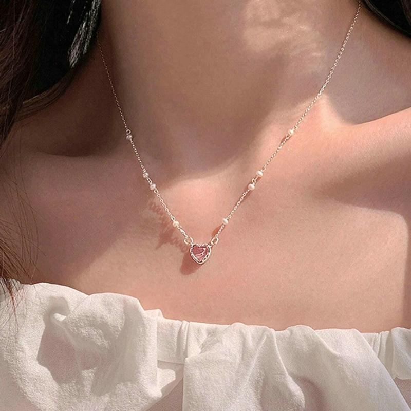Korean Fashion Pink Crystal Heart Pendant Necklaces Women Girls Y2K Sparkling Rhinestone Fairy Clavicle Chain Jewelry Gifts