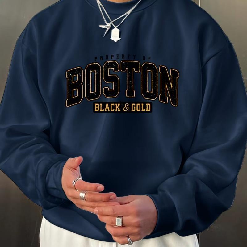 Men's Casual Crewneck Sweatshirt Boston Black Gold Print Fashion Long Sleeve