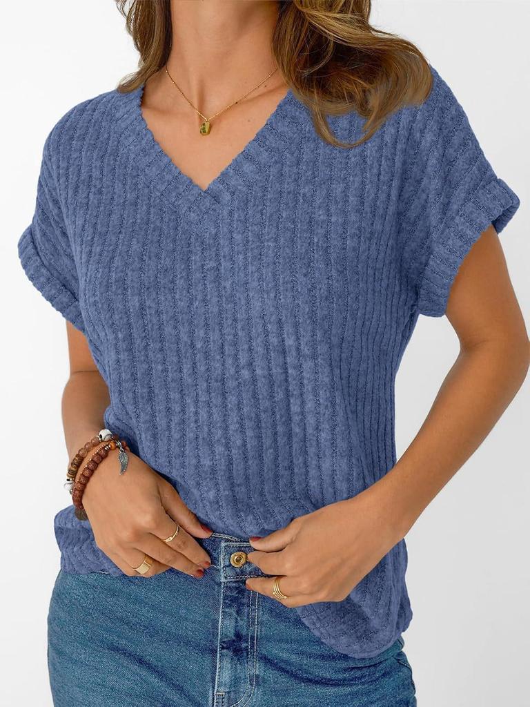 2026 Summer European & American Plus Size Women's V-neck Casual Brushed Solid Color T-shirt
