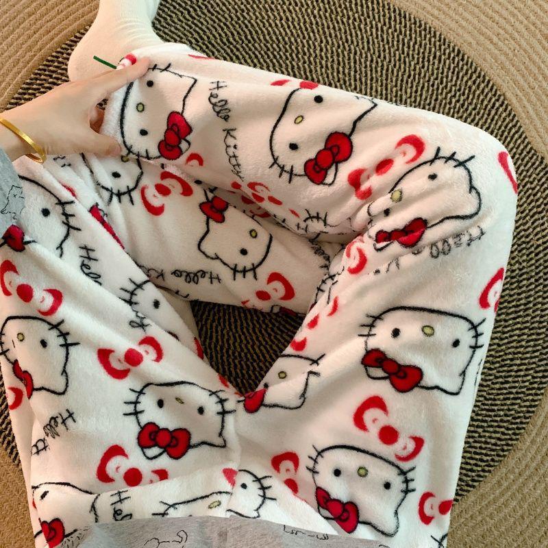 Korean Style Women's Fleece Pajama Pants - Flannel Cartoon Design for Autumn and Winter