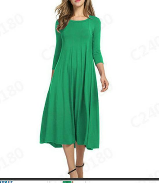 2024 Damen Sommer Mode Rundhals Mittellange Ärmel Einfarbig Großes Schwingkleid