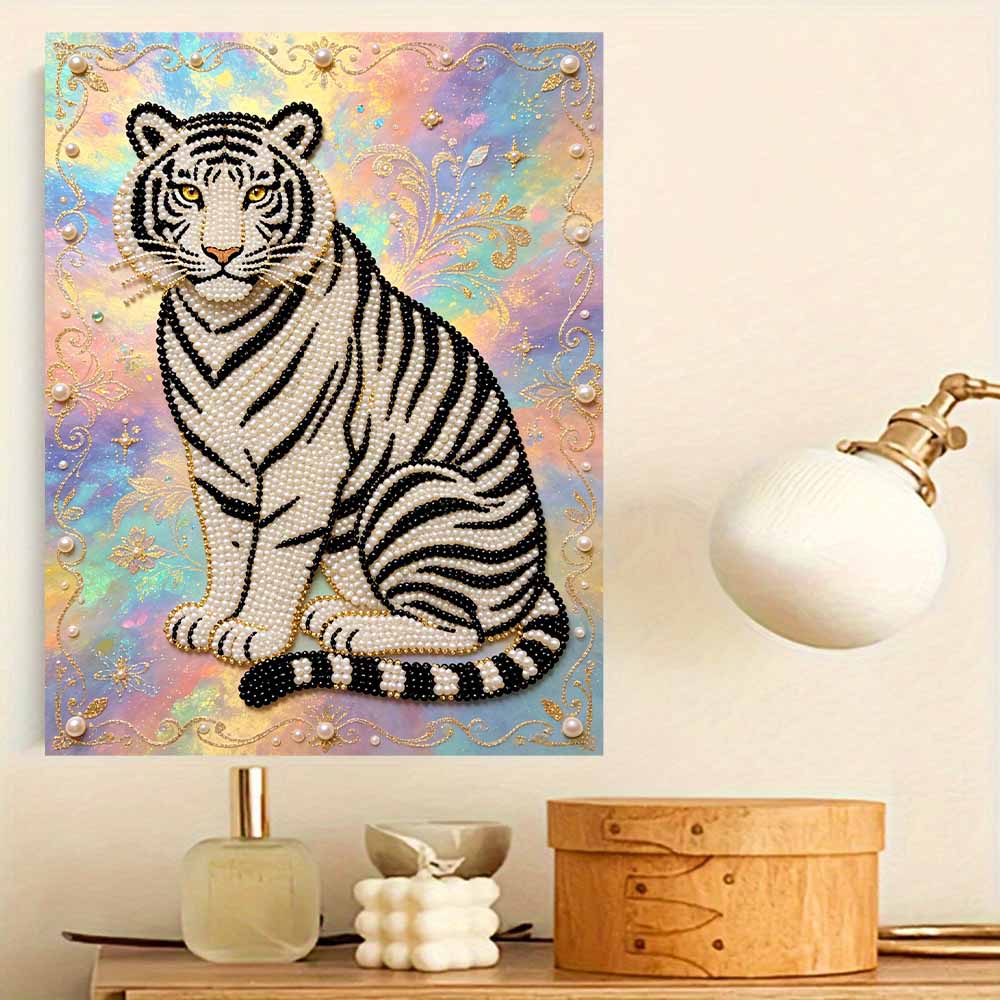 Shiny Pearl Elegant White Tiger DIY Painting Creative Bead Art Craft Household Wall Decoration Nice Present For Art Hobbyists Home Ornament Decor