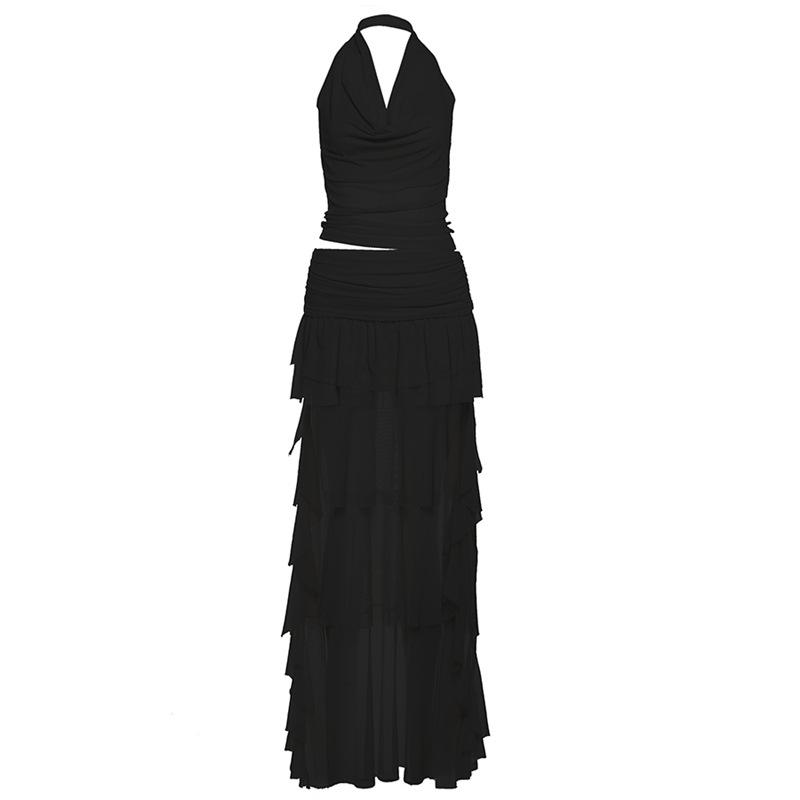 

2025 Весна Лето Сексуальный Комплект Полуюбки Однотонный Висячий Вырез Без Рукавов Топ Оборка Складки Передняя Открытая Юбка Костюмы Модные Женские Праздничные Комплекты M