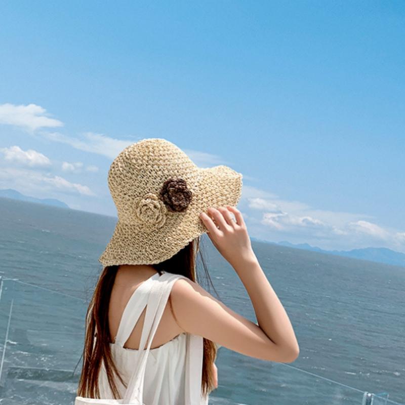 1Pcs Wide Brim Uv Protection Beach Cap Women Foldable Straw Sun Hat With Floral Decoration For Summer Travel Outdoor