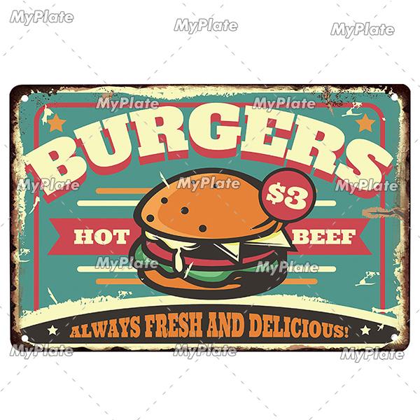 [MyPlate] Hamburger Metal Sign Plaque Metal Vintage Tin Sign Wall Decor For Club Man Cave Bar Decoration Tin Plate