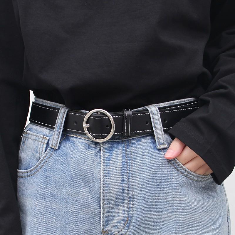 Womens Black Faux Leather Belt With Alloy Buckle Slim Adjustable Waistband Jeans Casual Outfits