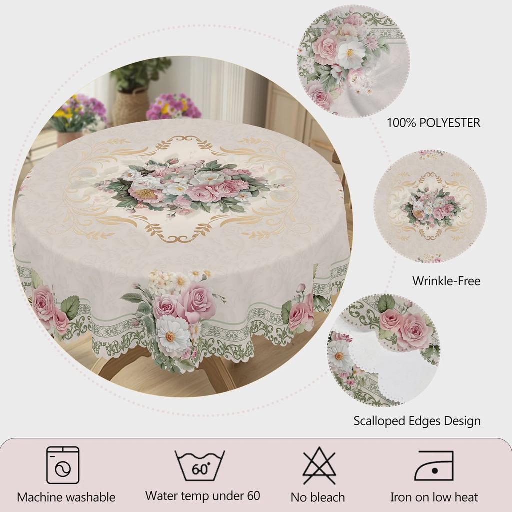 Elegant Romantic Floral Print Tablecloth in Vintage Beige Rose and Daisy Pattern, Round and Rectangular Options