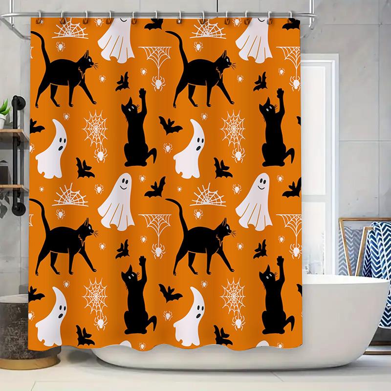 

Halloween-themed shower curtain featuring black cats, ghosts, bats, and spiders on an orange background waterproof fabric with g 90x180cm