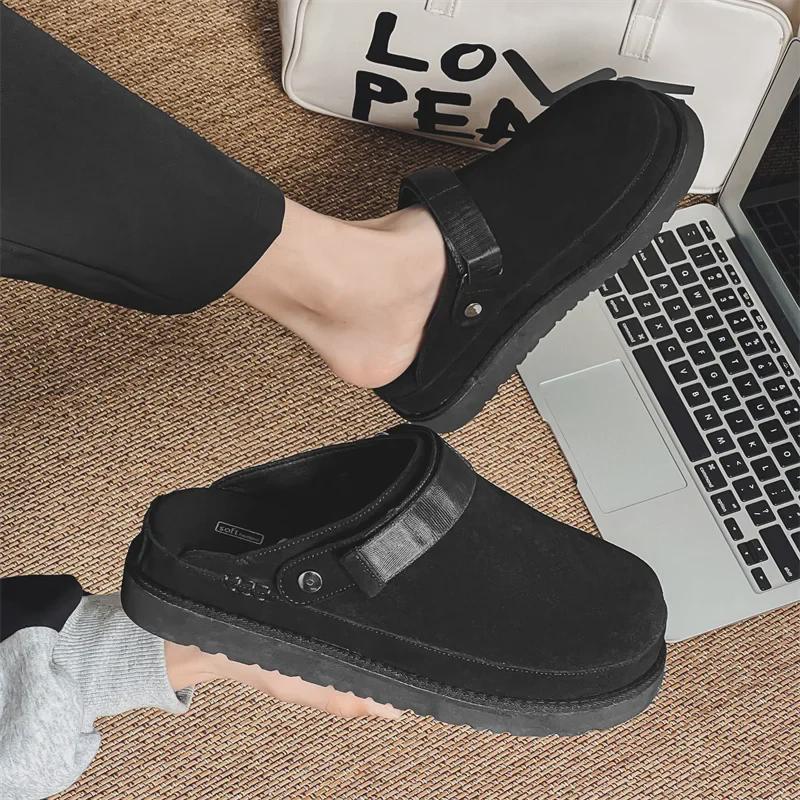 2024 Spring Genuine Leather Slip-On Half Slippers for Couples - Soft Sole, Breathable, Casual, Closed Toe