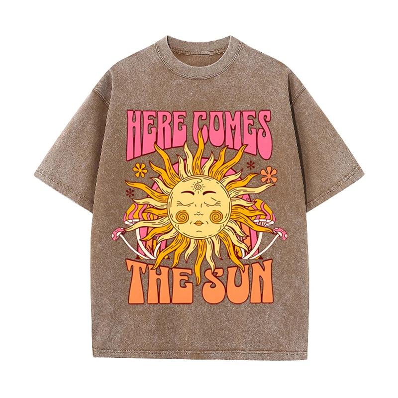 Vintage Black "Here Comes The Sun" T Shirt Retro Psychedelic Sun Acid Wash Tee