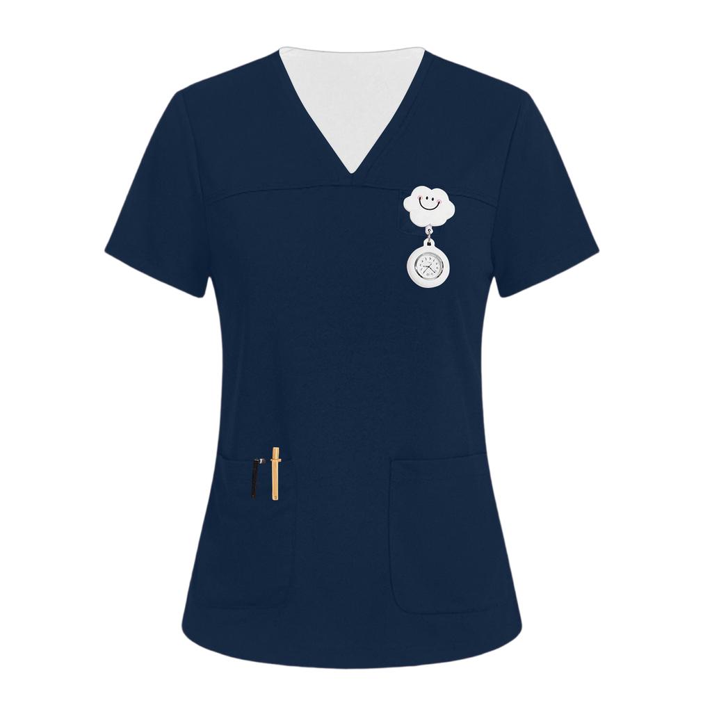 Women's V-neck Three-pocket Short-sleeved  Uniform/caregiver Top With Slits At The Hem