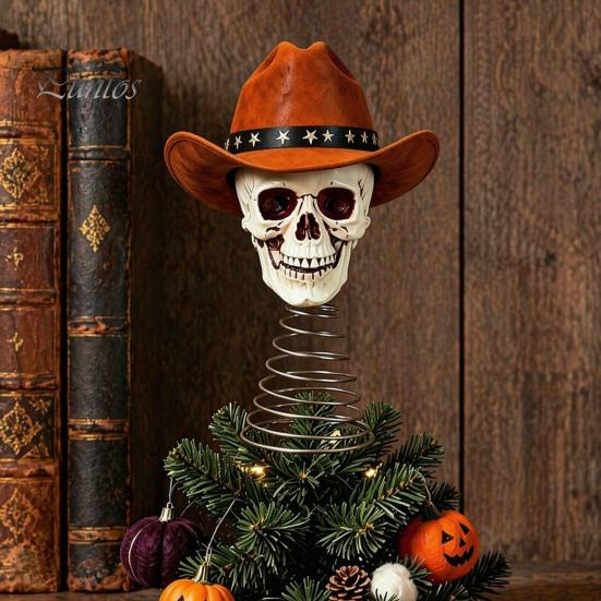 Skull Christmas Tree Topper Gothic with Cowboy Hat, Vintage Western Dark Retro Decor Skeleton Ornament for Halloween, Spooky Top Decoration