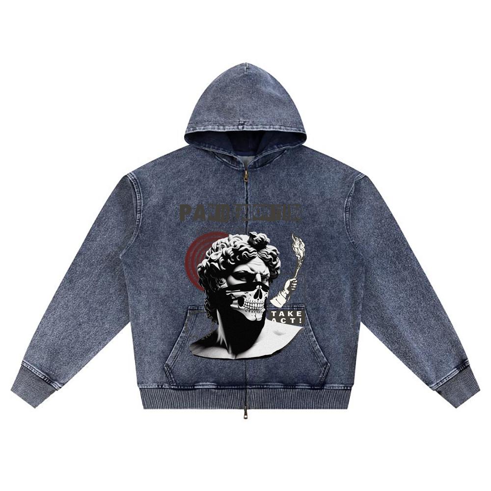 

DTG print Knitted Denim Zip-Up Hoodie Pandemonium Brother Print Zipper Hoodies XL темно-синий