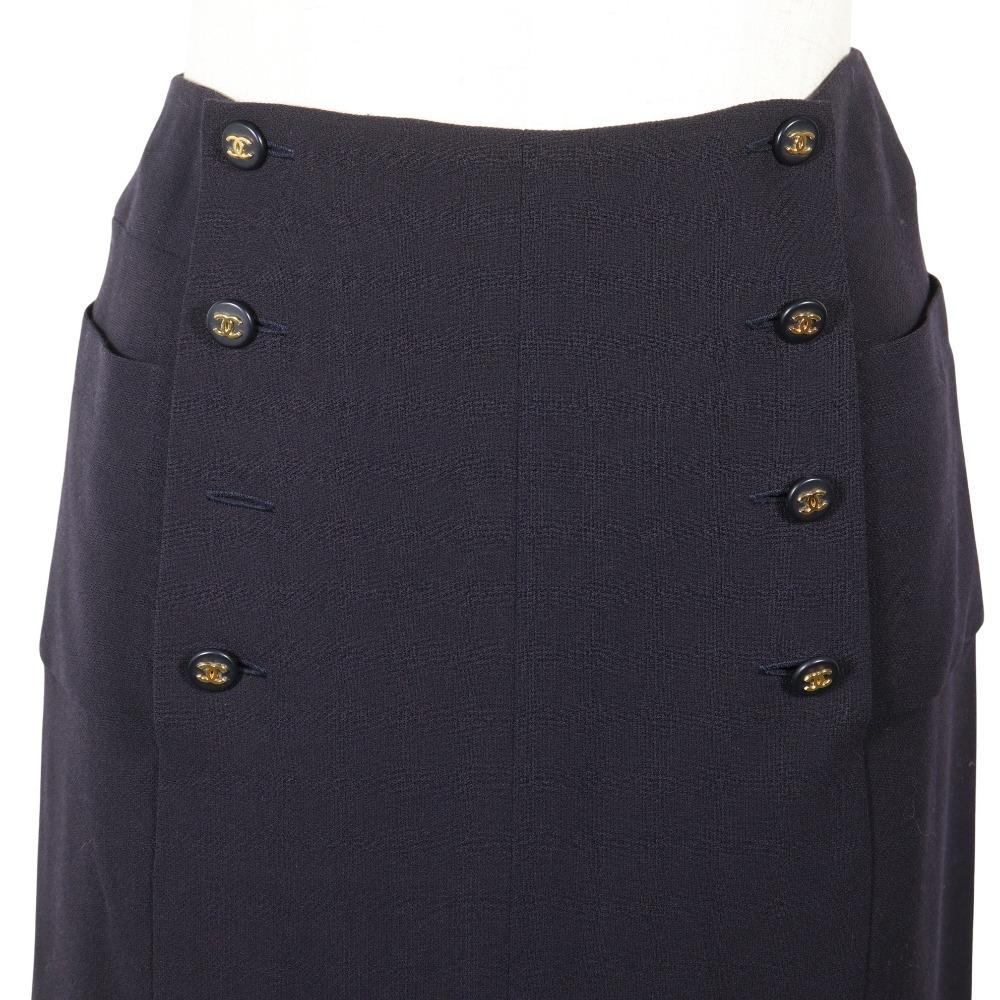CHANEL COCO Mark Double Button skirt P07931V04916 97P vintage Navy blue wool Women Used