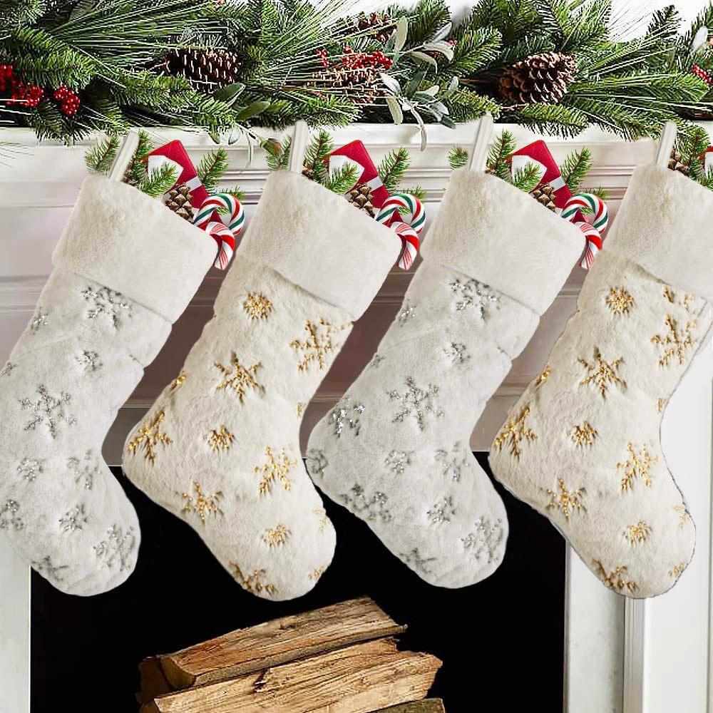 Furry White Christmas Stocking Sequined Santa Gift Pocket Xmas Tree Sock Pendant  Fireplace