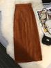 Autumn Winter Corduroy Women's Skirts with Belted High Waist Straight Classic Front Split Skirts Ladies Female