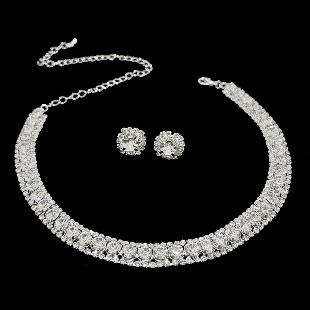 New Diamond-encrusted Square Set Necklace Earrings Light Luxury Collarbone Chain Internet Celebrity Temperament Dress Neck Chain Neck Decoration