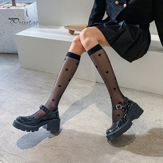 Long Socks 1 Pair Women Thin See-through Solid Color Lolita Heart Print Match Uniform Elastic Comfortable JK Style Calf Cosplay Supplies