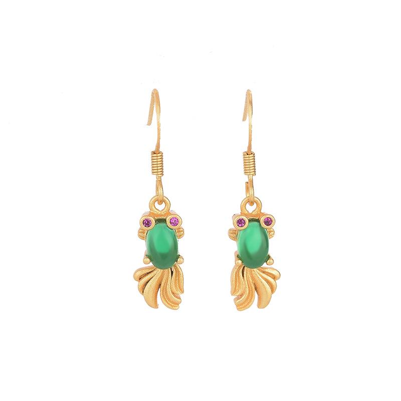 Chinese-Style Gold Plated Koi Fish Earrings: Dangle Design with 925 Silver Needles, Inlaid Natural Chalcedony Agate.