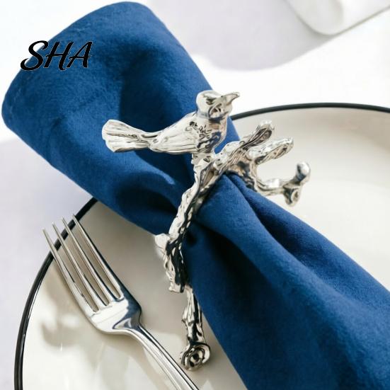 Wedding Napkin Rings Ring, Vintage Branch & Bird Design with Gold Finish, Open-End Holder for Elegant Clip Cloth Linen Dinner Napkins, Banquet